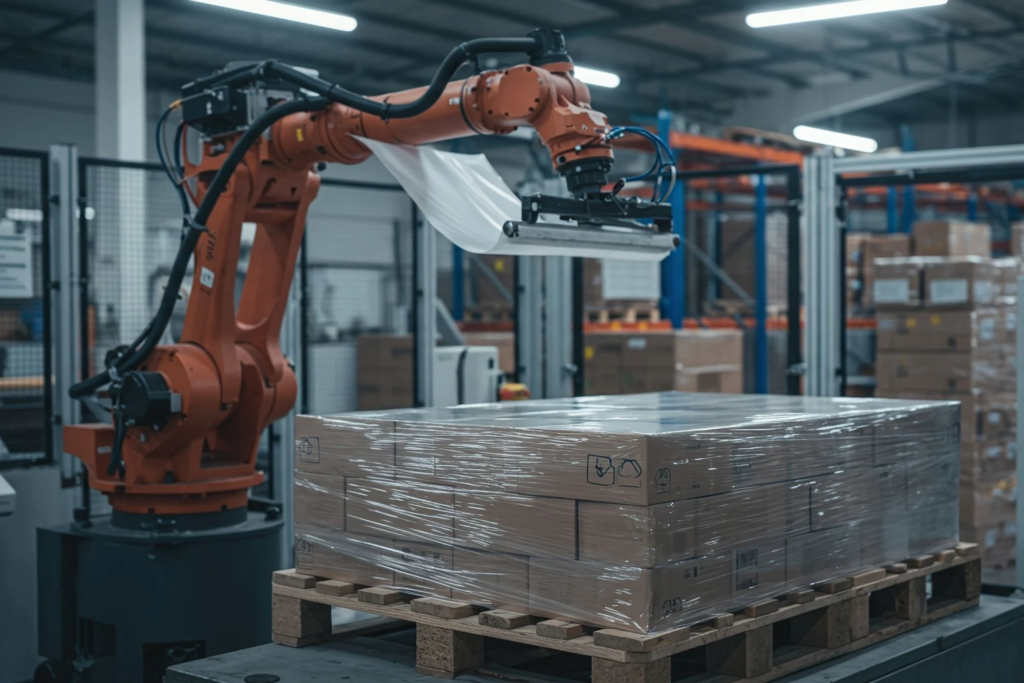 Un bras robotique industriel qui emballe une palette de carton de marchandises avec du film transparent, le tout se passe dans une usine