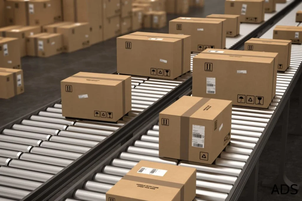 rouleau de convoyage en charge avec cartons de marchandises