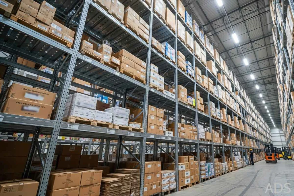 Entrepôt avec des palettiers remplis de charges